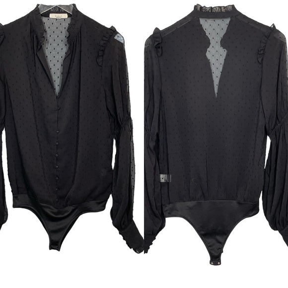 Mable Sheer Black Dotted Swiss Bodysuit Covered Buttons Ruffles Size S - Picture 1 of 15